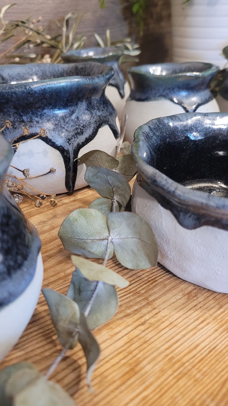 Petits chaudrons bleus et eucalyptus